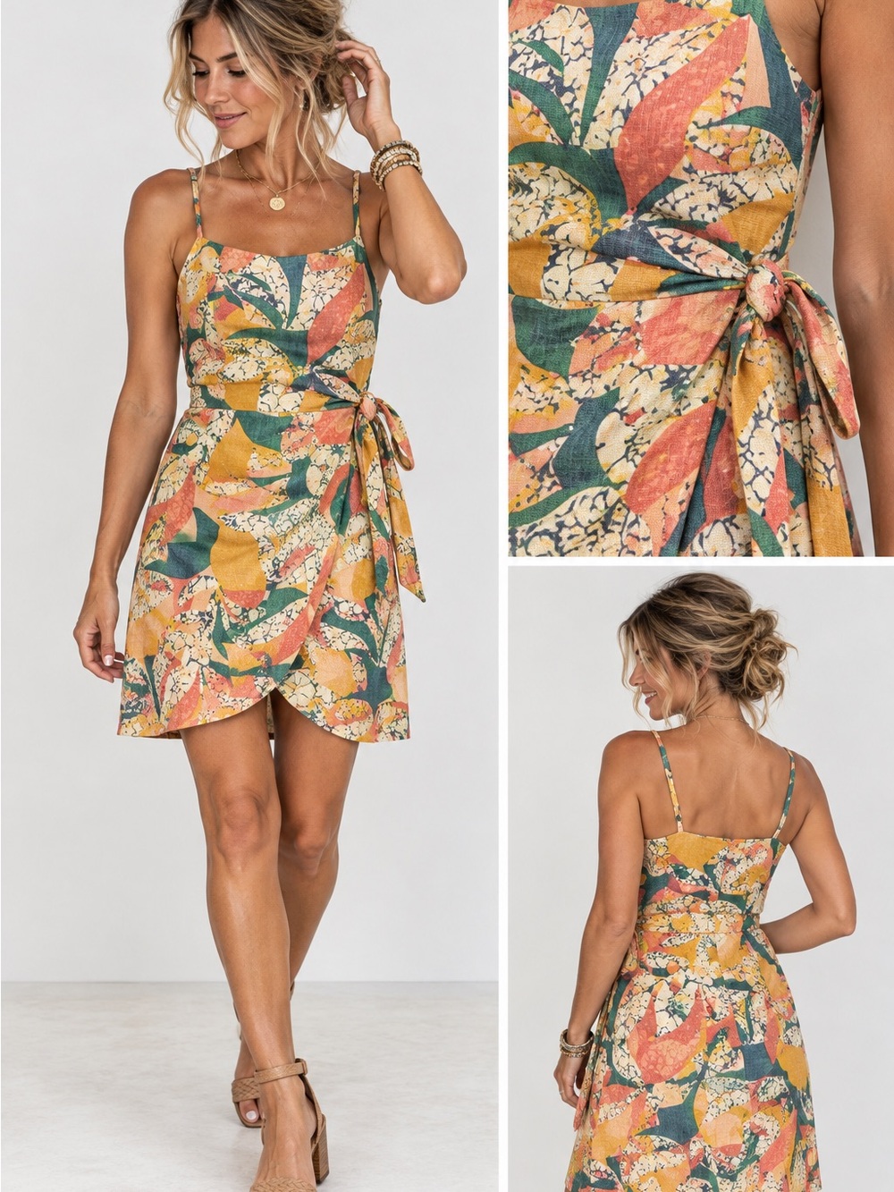 Nine West Floral Tie-Waist Mini Dress in Mustard, Coral & Teal